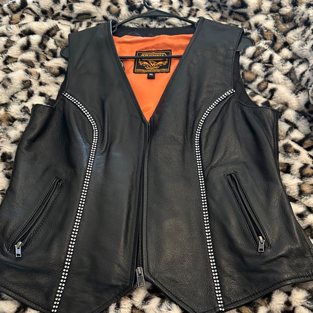 Black Leather rhinestone Studded Vest